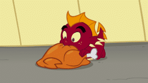Dragon eating a chicken.