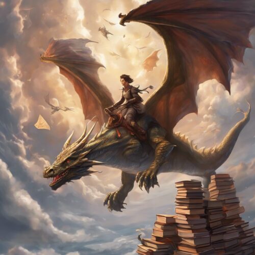 An enchanting image of a dragon rider, peering across a fantasy landscape.