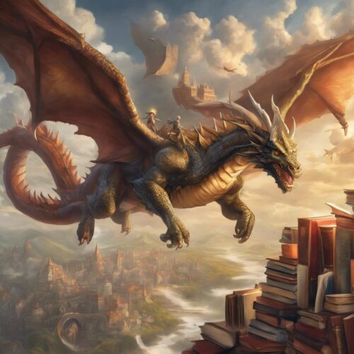 An exciting picture of a dragon rider, high in the sky on a majestic dragon.