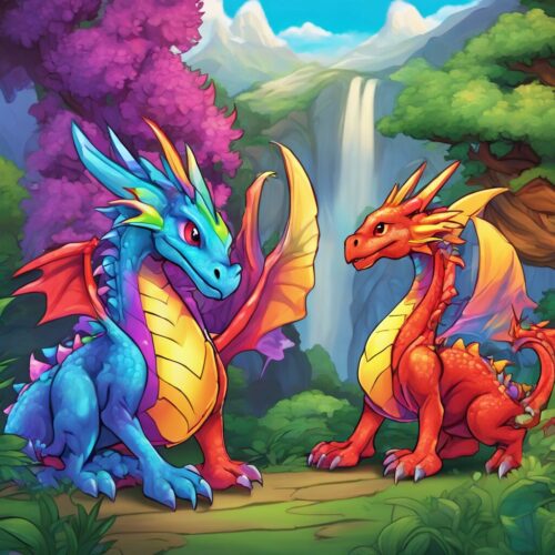 Rainbow dragon nestled in the verdant greenery of the DragonVale