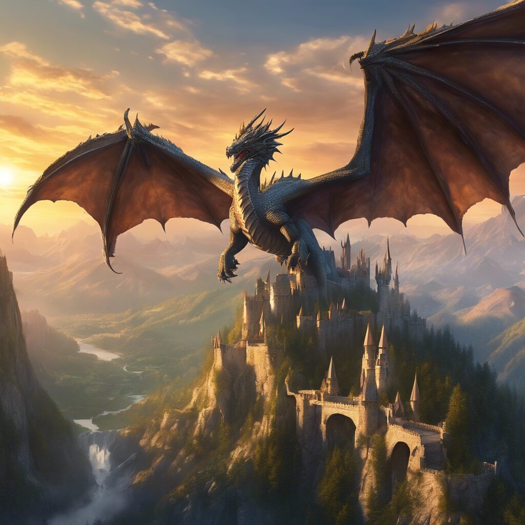 A dragon overlooking a village